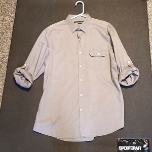 💥Mens Perry Ellis L Slim fit grey long sleeve button down dress shirt